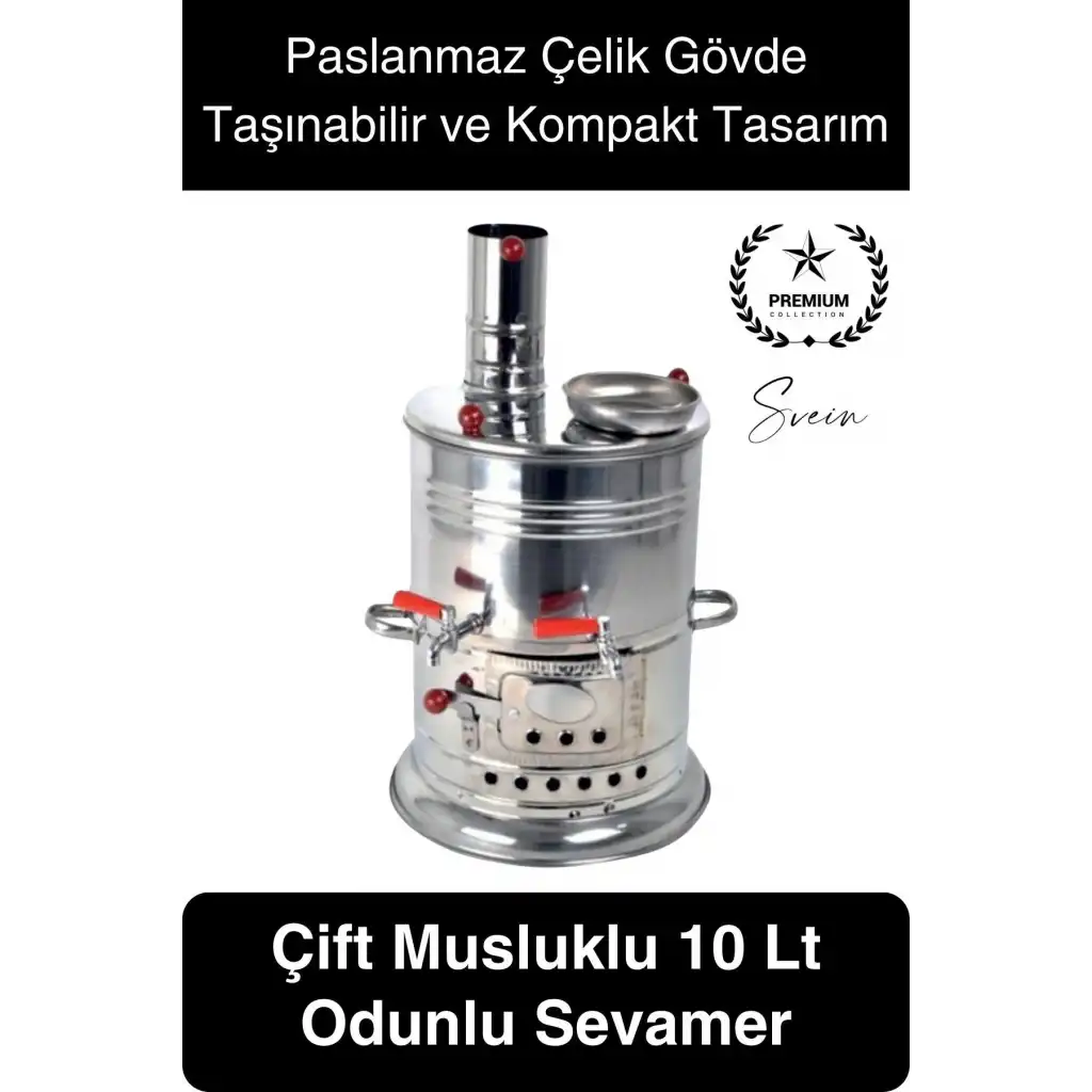 Premium Çift Musluklu 10 lt Kömürlü Kamp Piknik İçin Çok Amaçlı Odunlu Çay Semaveri Paslanmaz Çelik