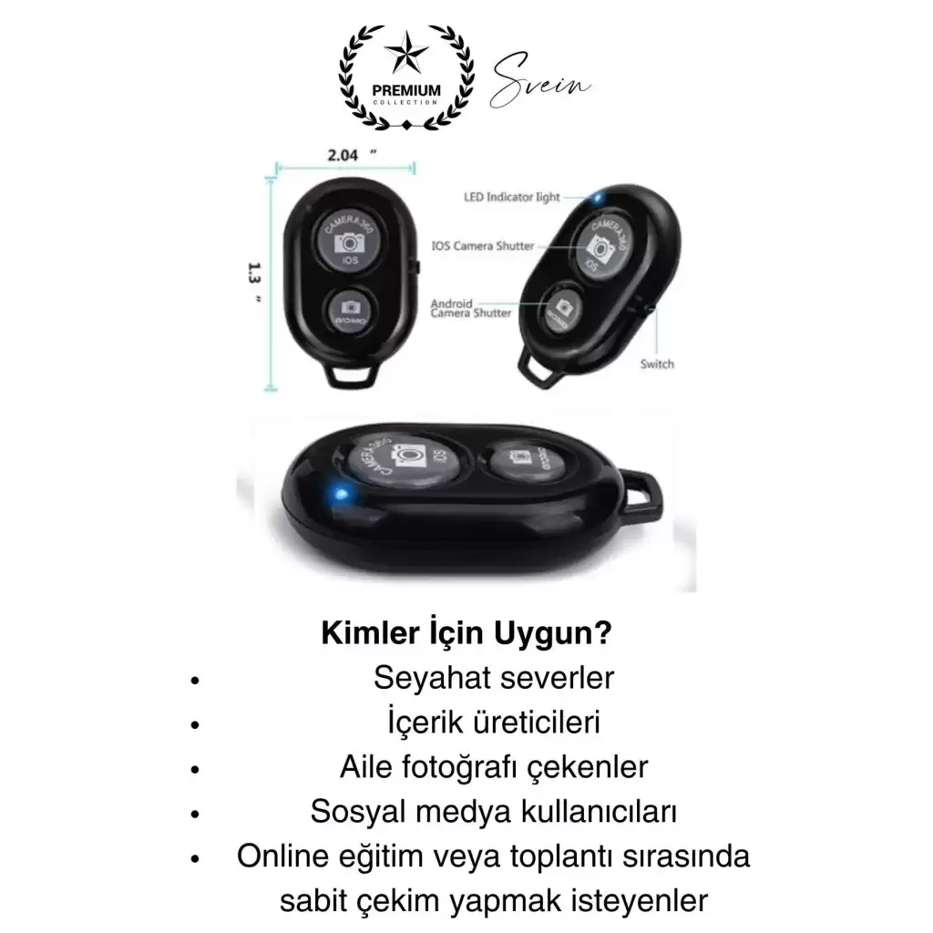 Bluetooth Kablosuz Uzaktan Kumanda İOS Android Uyumlu Selfie Fotoğraf Video Çekme Remote Shutter