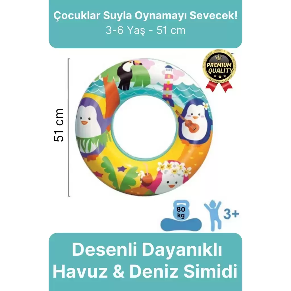 Premium Dayanıklı Güvenli 80 Kg 51 Cm Çocuk Eğlenceli Hayvanlar Desenli Deniz Havuz Yüzme Simidi