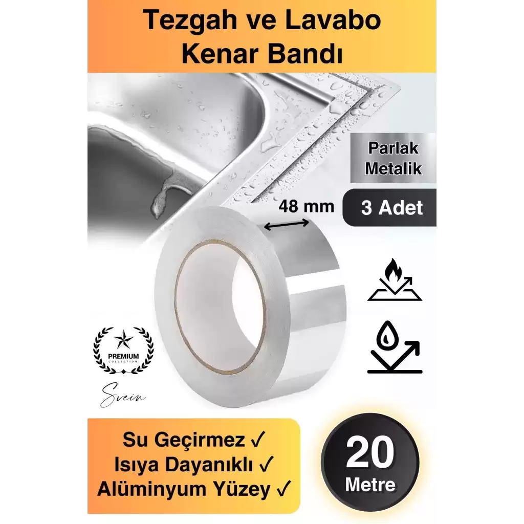 20 Mt Parlak Metalik Gri Tezgah Lavabo Kenar Bandı Sızdırmaz Isıya Dayanıklı Bant Su İzolasyon 3 Ad.