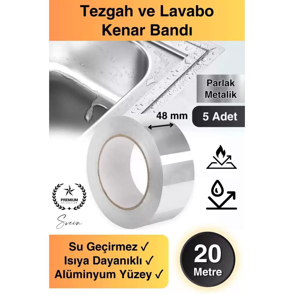20 Mt Parlak Metalik Gri Tezgah Lavabo Kenar Bandı Sızdırmaz Isıya Dayanıklı Bant Su İzolasyon 5 Ad.