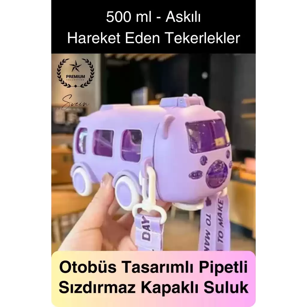 Özel Üretim Otobüs Şeklinde Pipetli Taşıma Askılı Sızdırmaz Kapaklı Çocuk Suluk Matara Okul Beslenme