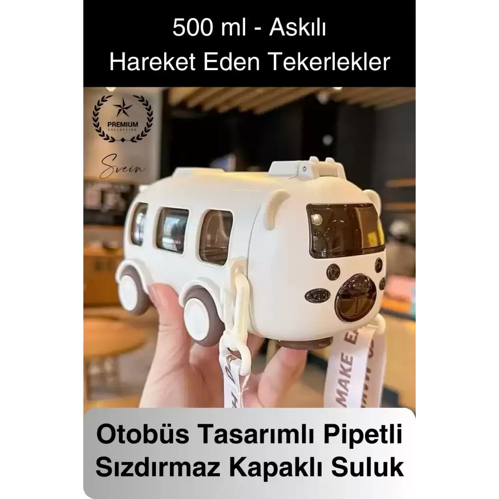 Özel Üretim Otobüs Şeklinde Pipetli Taşıma Askılı Sızdırmaz Kapaklı Çocuk Suluk Matara Okul Beslenme