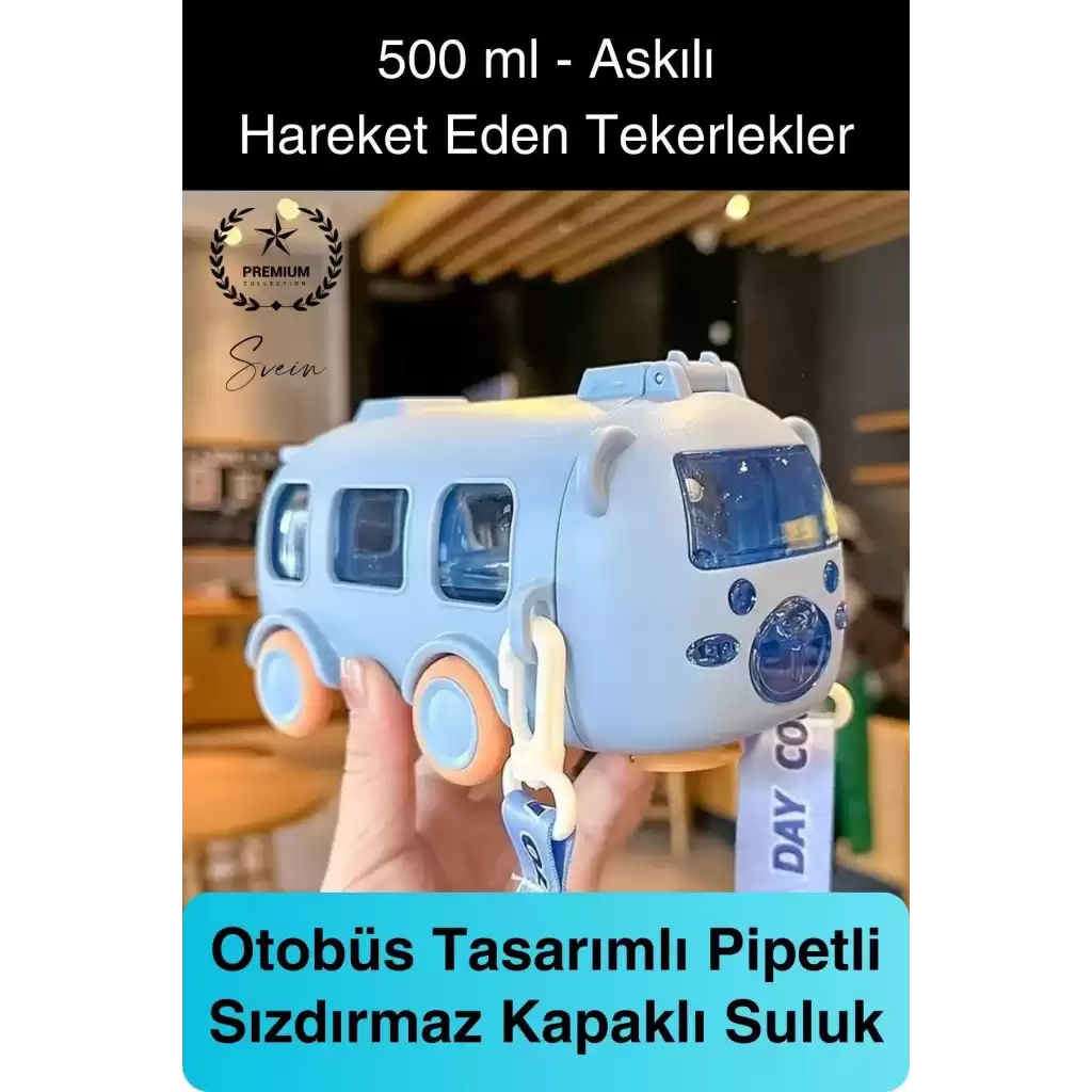 Özel Üretim Otobüs Şeklinde Pipetli Taşıma Askılı Sızdırmaz Kapaklı Çocuk Suluk Matara Okul Beslenme