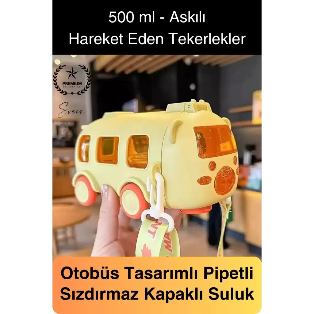 Özel Üretim Otobüs Şeklinde Pipetli Taşıma Askılı Sızdırmaz Kapaklı Çocuk Suluk Matara Okul Beslenme