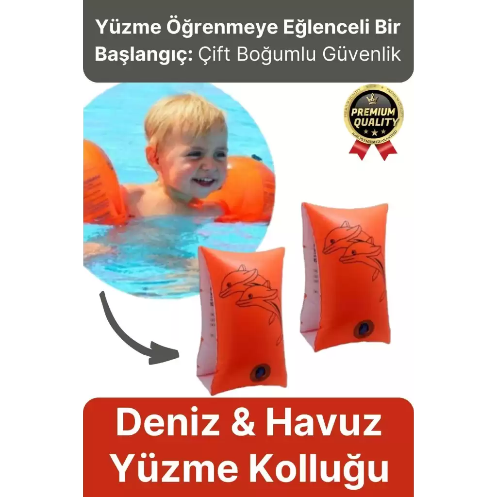 Başlangıç Seviye Çift Boğumlu Baskılı 3-6 Yaş Çocuk Deniz Havuz Yüzme Öğrenme Şişme Kolluğu Turuncu
