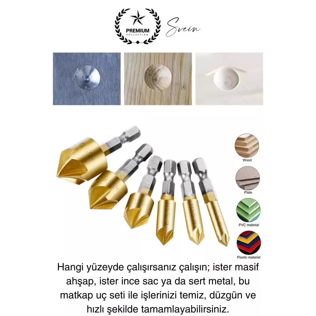 Premium Titanyum Kaplama 6lı Kırılmaz Uçlu Paslanmaz Ahşap Sac Metal Havşa Açma Matkap Uç Seti