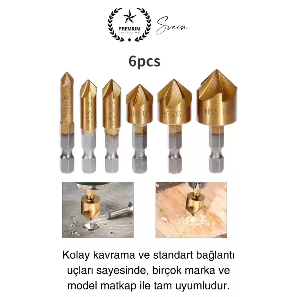 Premium Titanyum Kaplama 6lı Kırılmaz Uçlu Paslanmaz Ahşap Sac Metal Havşa Açma Matkap Uç Seti