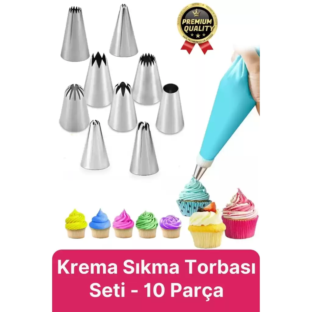 Profesyonel Paslanmaz Çelik Uçlu Tatlı Pasta Kurabiye Kek Süsleme Krema Sıkma Torbası Seti 10 Parça