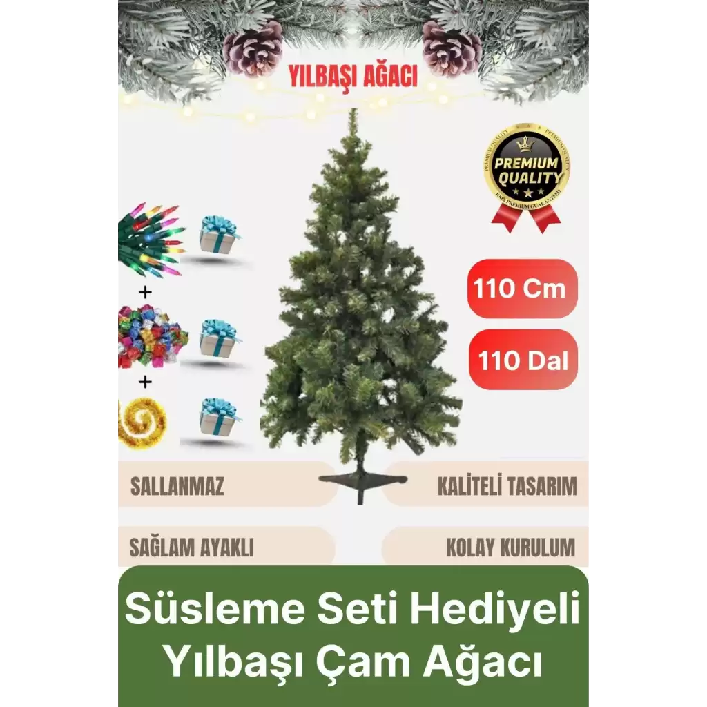 Premium Kalite Yeni Yıl Süsleme Seti Renkli Işık Hediye Yılbaşı Çam Ağacı Noel Paketi 110 Cm 110 Dal