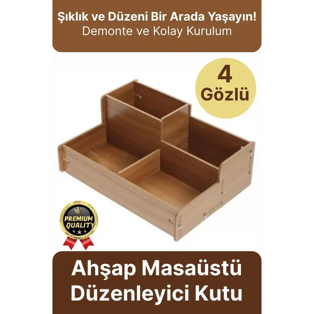 Kırtasiye Kalem Makyaj Malzemesi Saklama Çok Amaçlı 4 Gözlü Bölmeli Ahşap Masa Üstü Düzenleyici Kutu