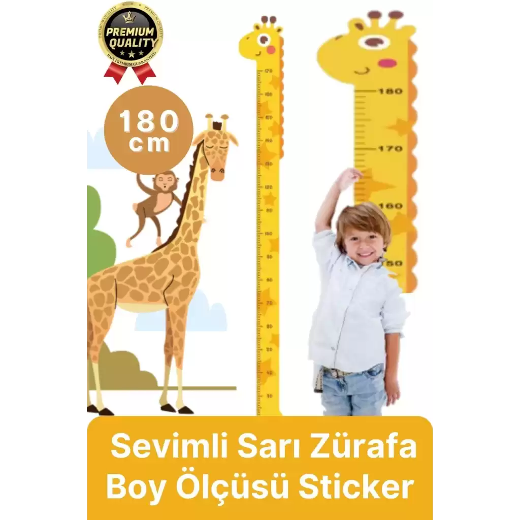 Yeni Seri Çift Taraflı Bantlı Çocuk Büyüme Cetveli Eğlenceli Sevimli Sarı Zürafa Boy Ölçüsü Sticker