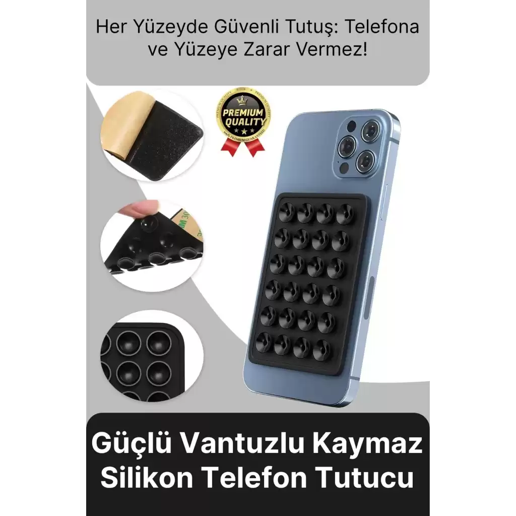 Özel Üretim Tüm Yüzeylere Uyumlu Kaymaz Siyah Güçlü Vantuzlu Silikon Yapışkanlı Telefon Tutucu