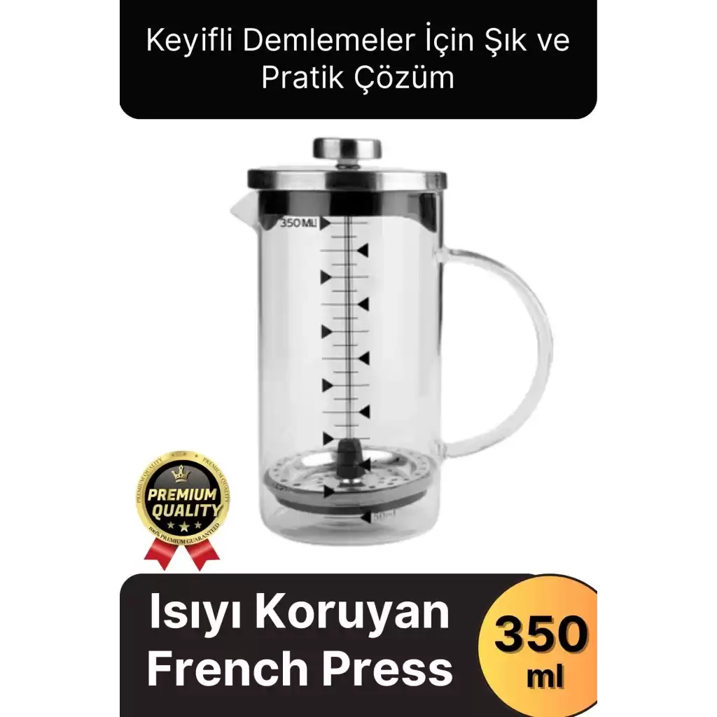 Çok Amaçlı Isıyı Koruyan Süzgeçli Bitki Çayı Filtre Kahve Demlik Ölçü Kabı Cam French Press 350 ml