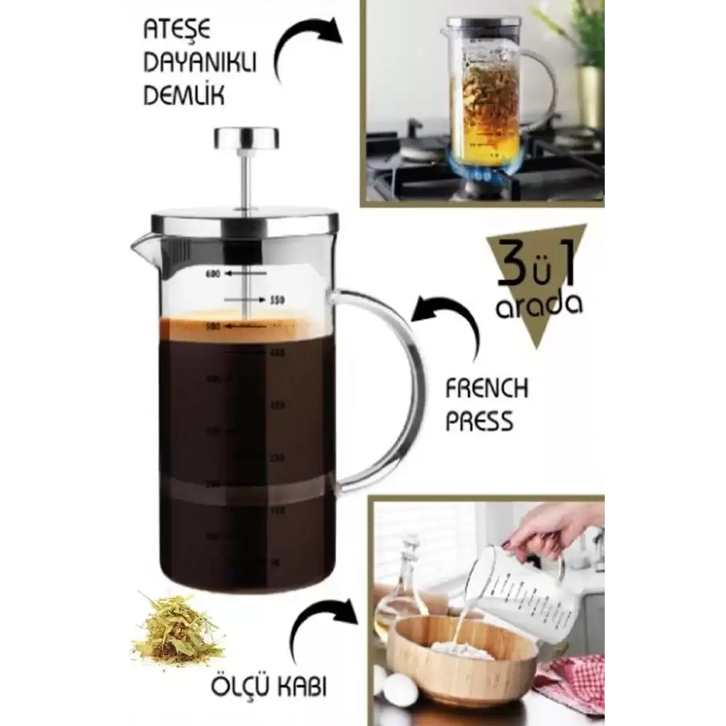 Çok Amaçlı Isıyı Koruyan Süzgeçli Bitki Çayı Filtre Kahve Demlik Ölçü Kabı Cam French Press 350 ml
