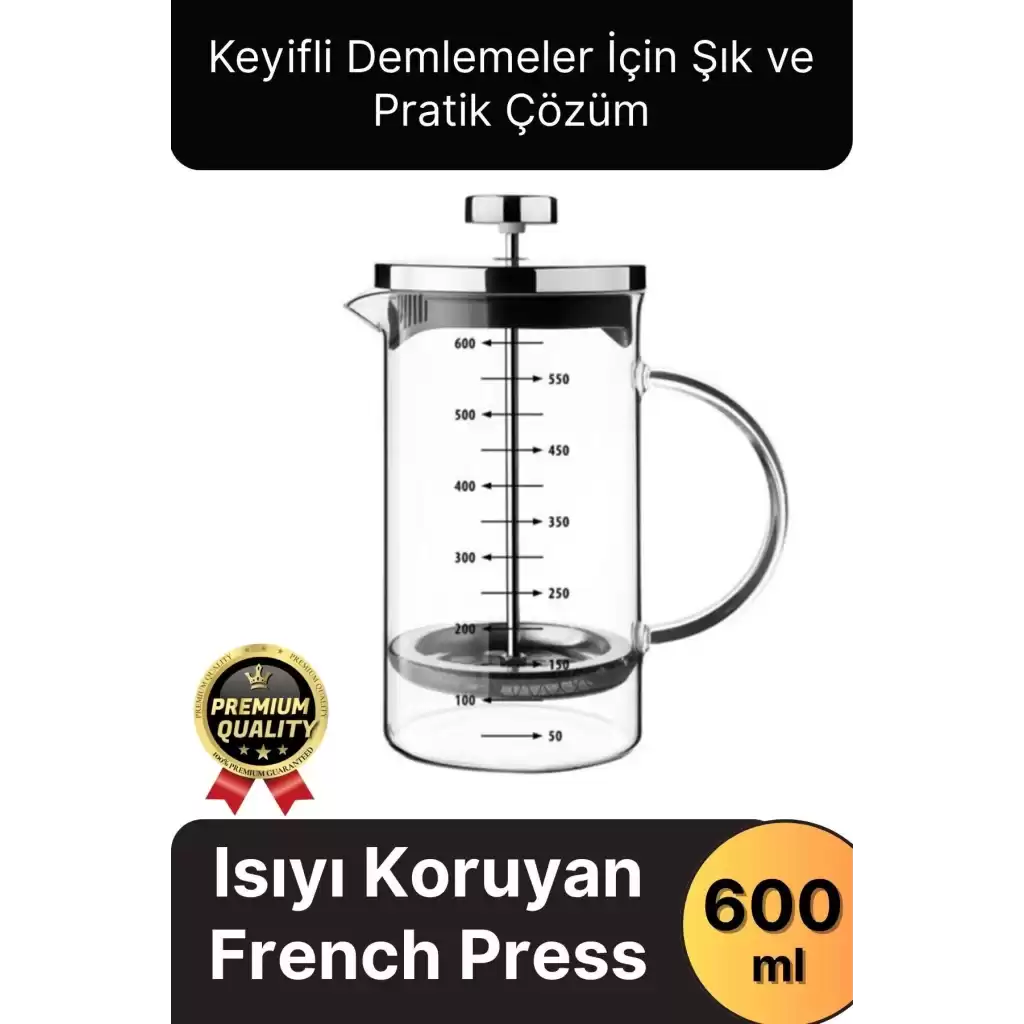 Çok Amaçlı Isıyı Koruyan Süzgeçli Bitki Çayı Filtre Kahve Demlik Ölçü Kabı Cam French Press 600 ml