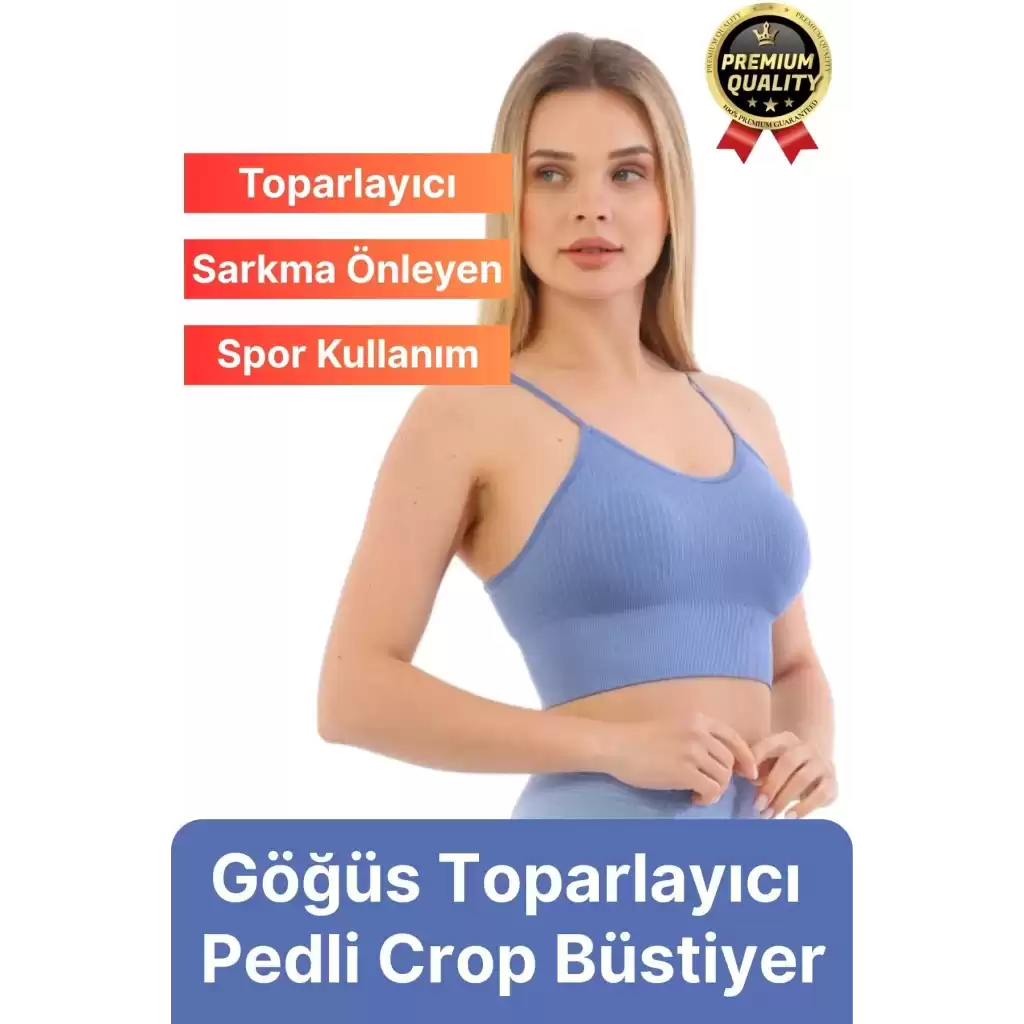 Göğüs Toparlayıcı Sarkma Önleyen Gündelik Spor Kullanım İnce İp Askılı Pedli Çizgili Crop Büstiyer