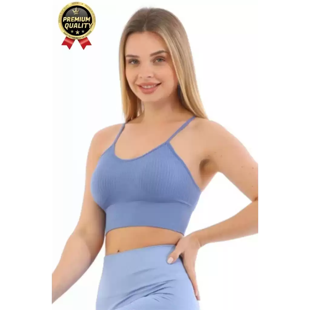 Göğüs Toparlayıcı Sarkma Önleyen Gündelik Spor Kullanım İnce İp Askılı Pedli Çizgili Crop Büstiyer