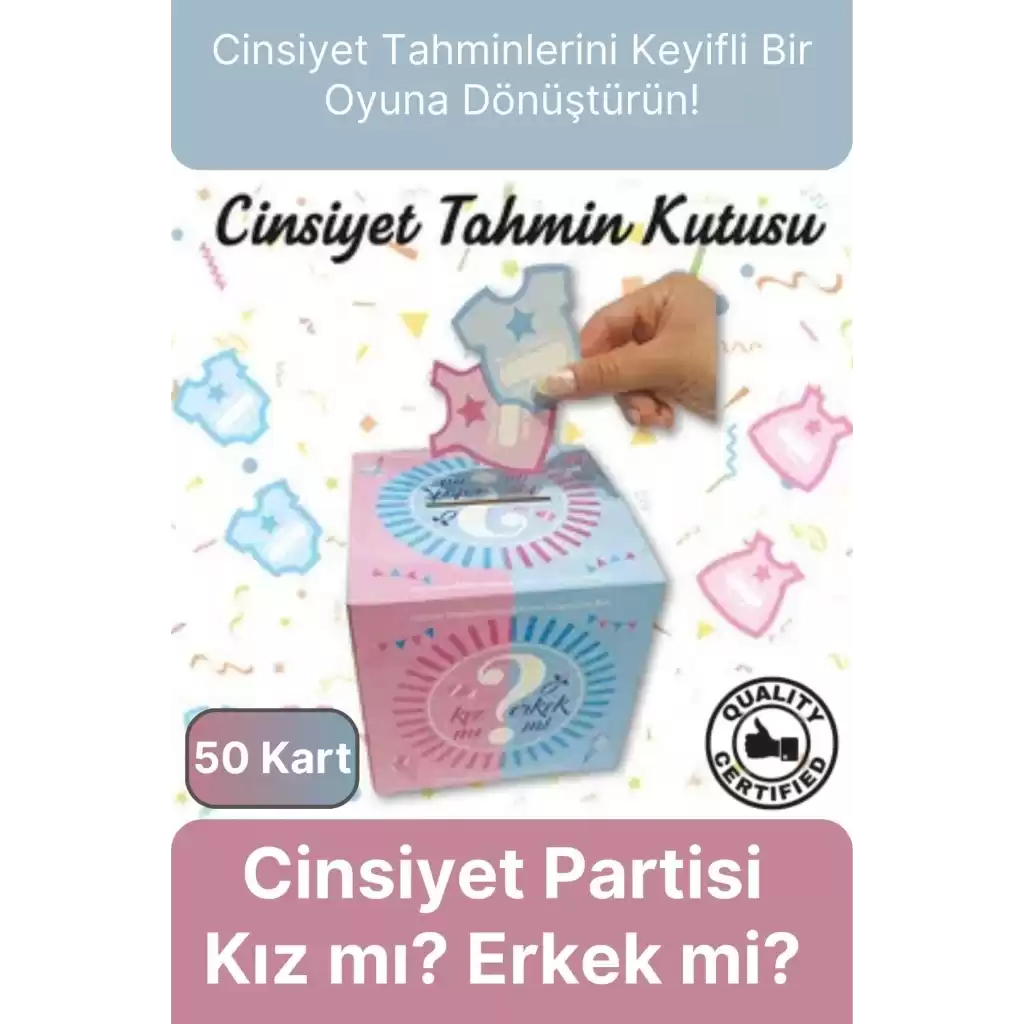 Özel Üretim Cinsiyet Partisi 50 Kart Eğlenceli Sürpriz Kız Mı Erkek Mi Oylama Tahmin Kutusu 19x19cm