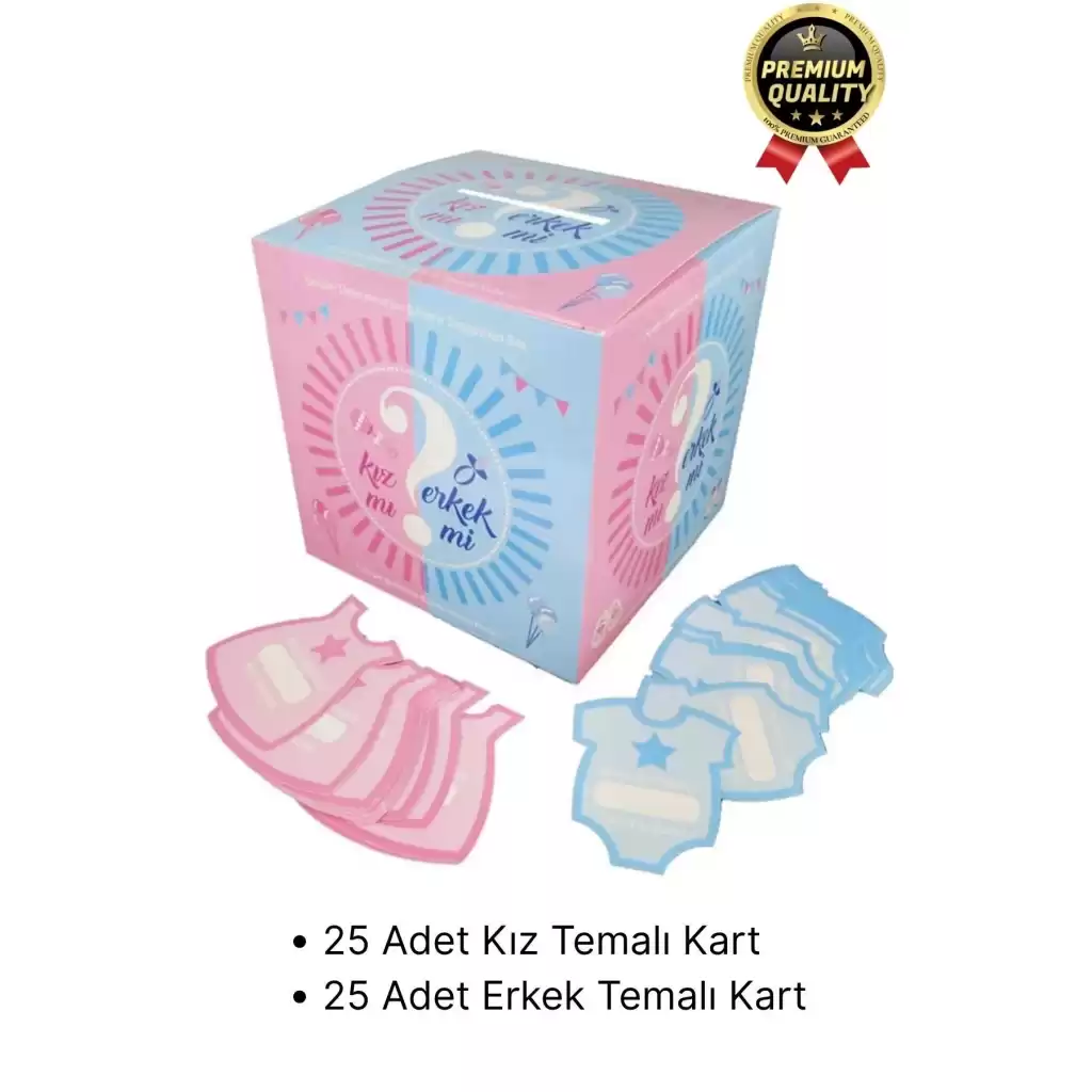 Özel Üretim Cinsiyet Partisi 50 Kart Eğlenceli Sürpriz Kız Mı Erkek Mi Oylama Tahmin Kutusu 19x19cm
