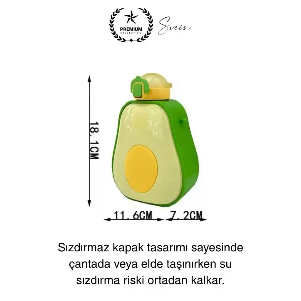 Pipetli Sızdırmaz Kapak Taşıma Askılı Sevimli Avokado Su Şişesi Çocuk Okul Suluk Matarası Tritan