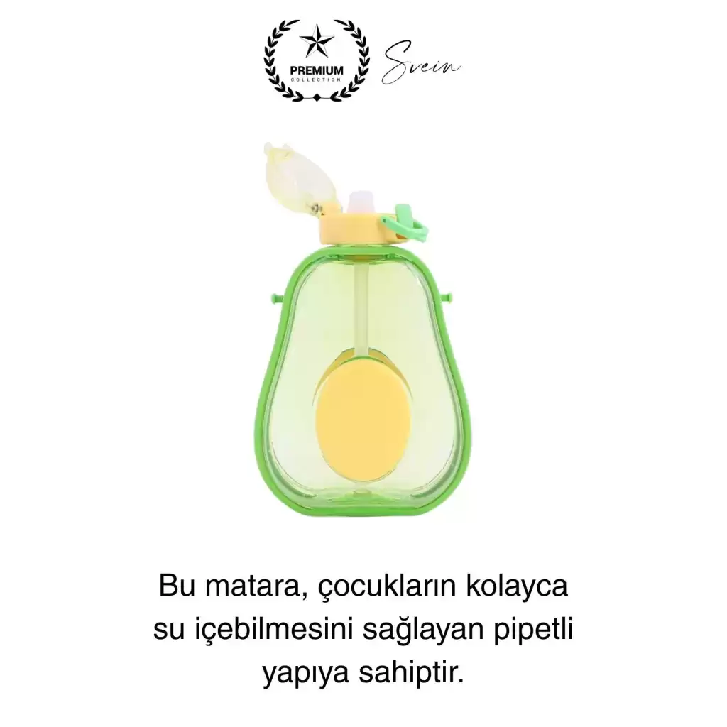 Pipetli Sızdırmaz Kapak Taşıma Askılı Sevimli Avokado Su Şişesi Çocuk Okul Suluk Matarası Tritan