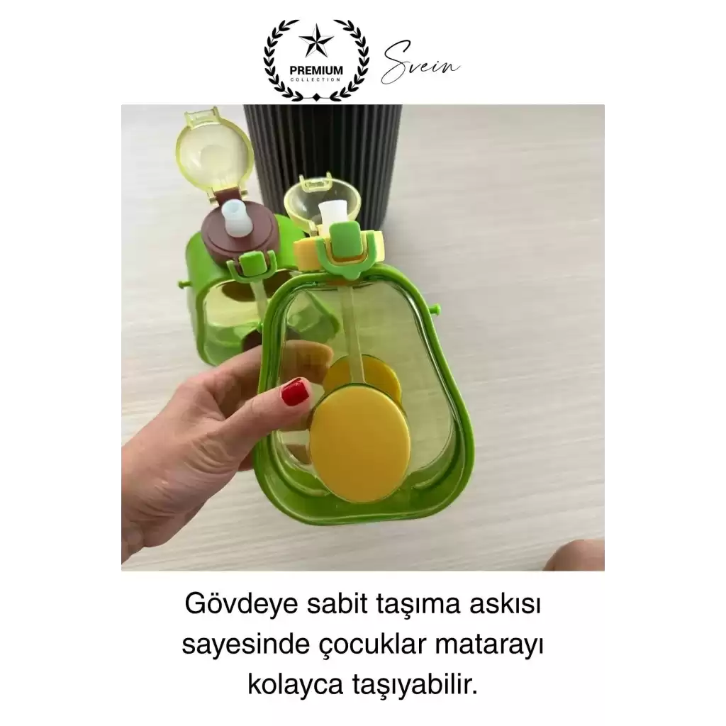 Pipetli Sızdırmaz Kapak Taşıma Askılı Sevimli Avokado Su Şişesi Çocuk Okul Suluk Matarası Tritan