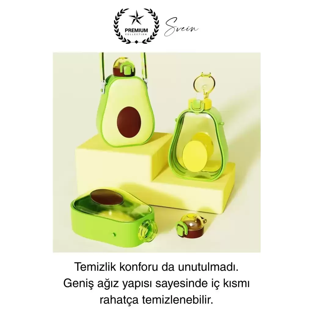 Pipetli Sızdırmaz Kapak Taşıma Askılı Sevimli Avokado Su Şişesi Çocuk Okul Suluk Matarası Tritan