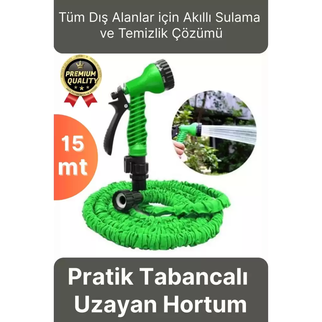 Çok Amaçlı Kırılmaz Dolaşmaz 7 Fonksiyonlu Bahçe Sulama Araç Yıkama Tabancalı Uzayan Hortum 15 Metre