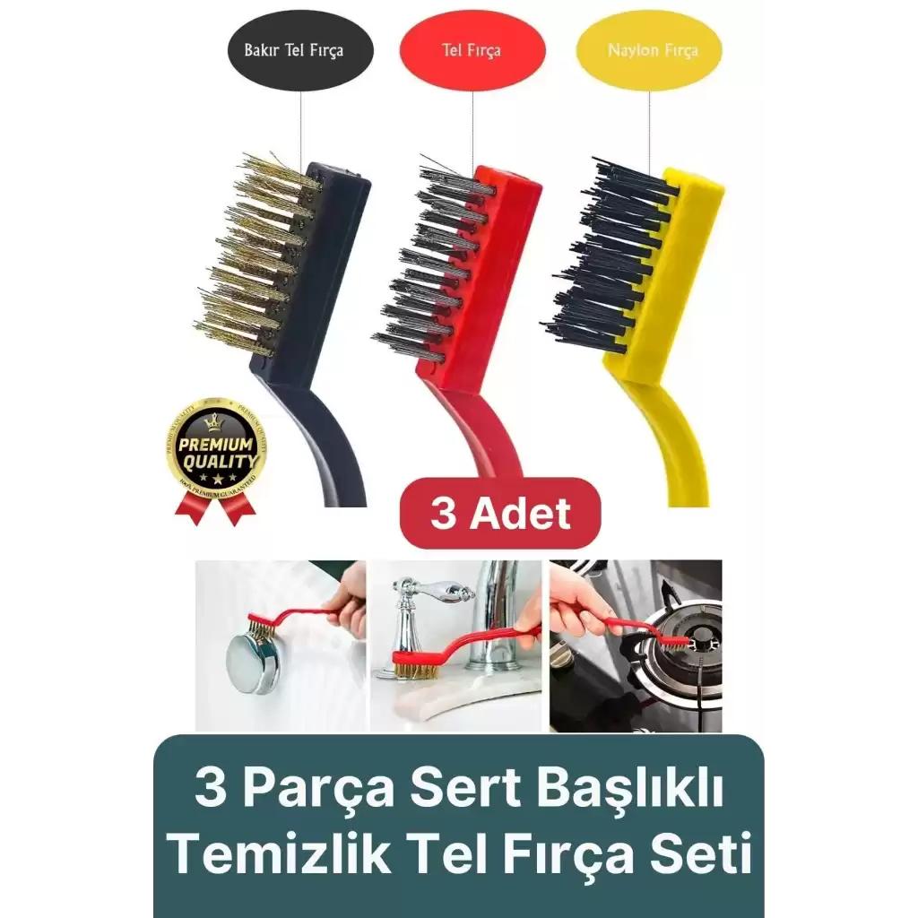 Çok Amaçlı Bakır Naylon Yağ Çıkarma Aspiratör Ocak Lavabo Fırın Detaylı Temizlik Tel Fırça 3 Parça