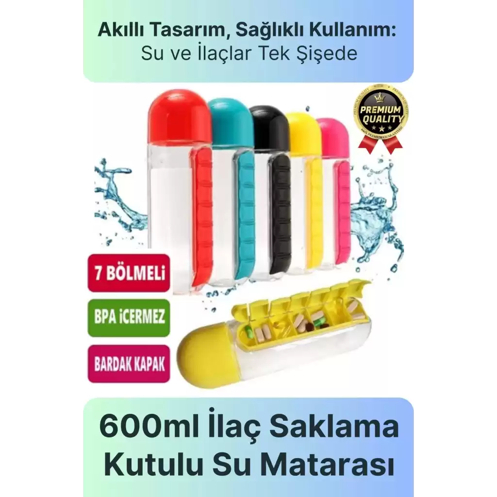 Özel Üretim Pillbox Suluk Organizer %100 BPA İçermez 7 Gün Hap İlaç Saklama Kutulu 600ml Su Matarası