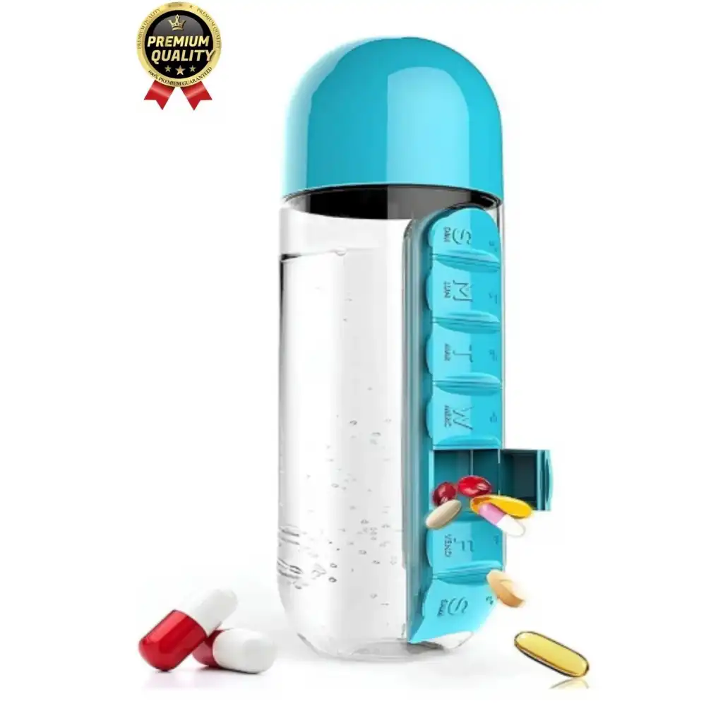 Özel Üretim Pillbox Suluk Organizer %100 BPA İçermez 7 Gün Hap İlaç Saklama Kutulu 600ml Su Matarası