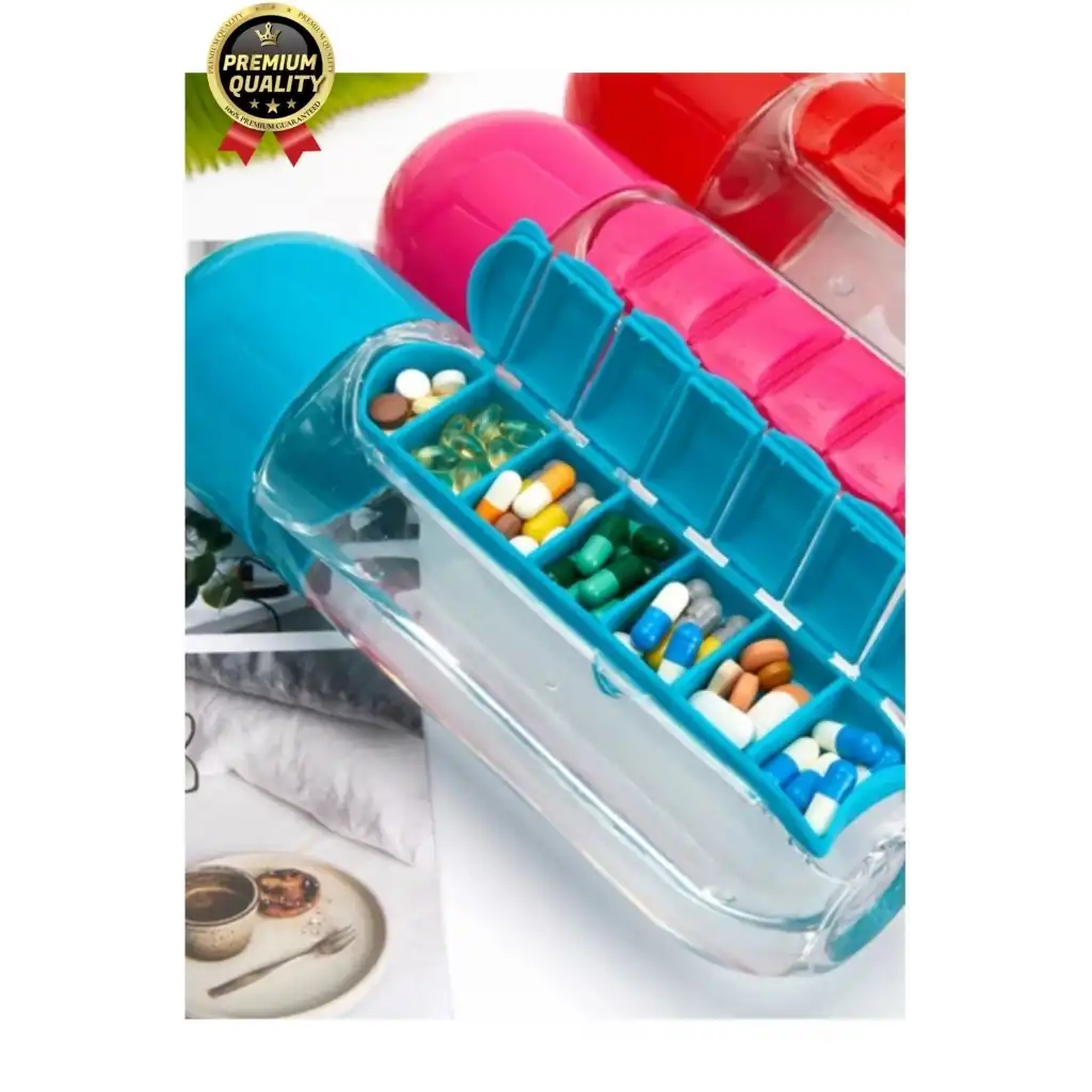 Özel Üretim Pillbox Suluk Organizer %100 BPA İçermez 7 Gün Hap İlaç Saklama Kutulu 600ml Su Matarası