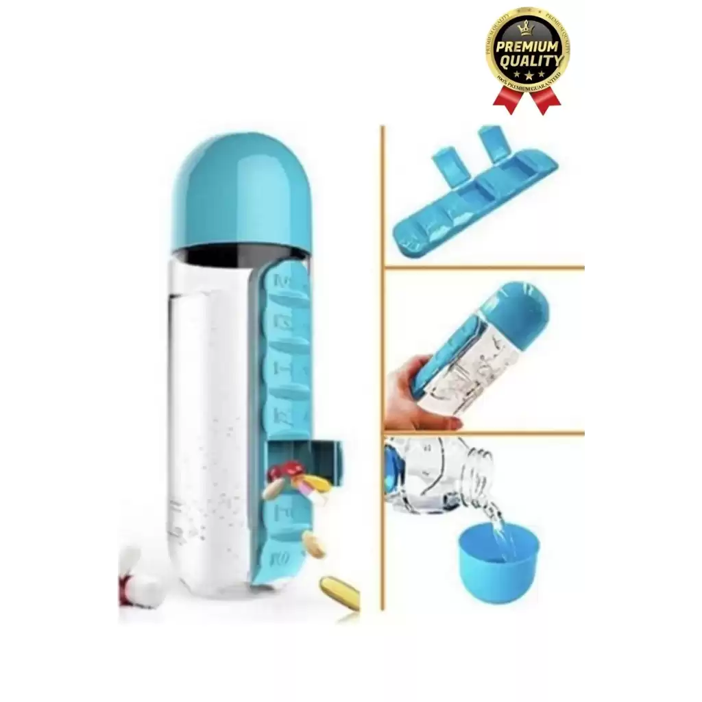 Özel Üretim Pillbox Suluk Organizer %100 BPA İçermez 7 Gün Hap İlaç Saklama Kutulu 600ml Su Matarası