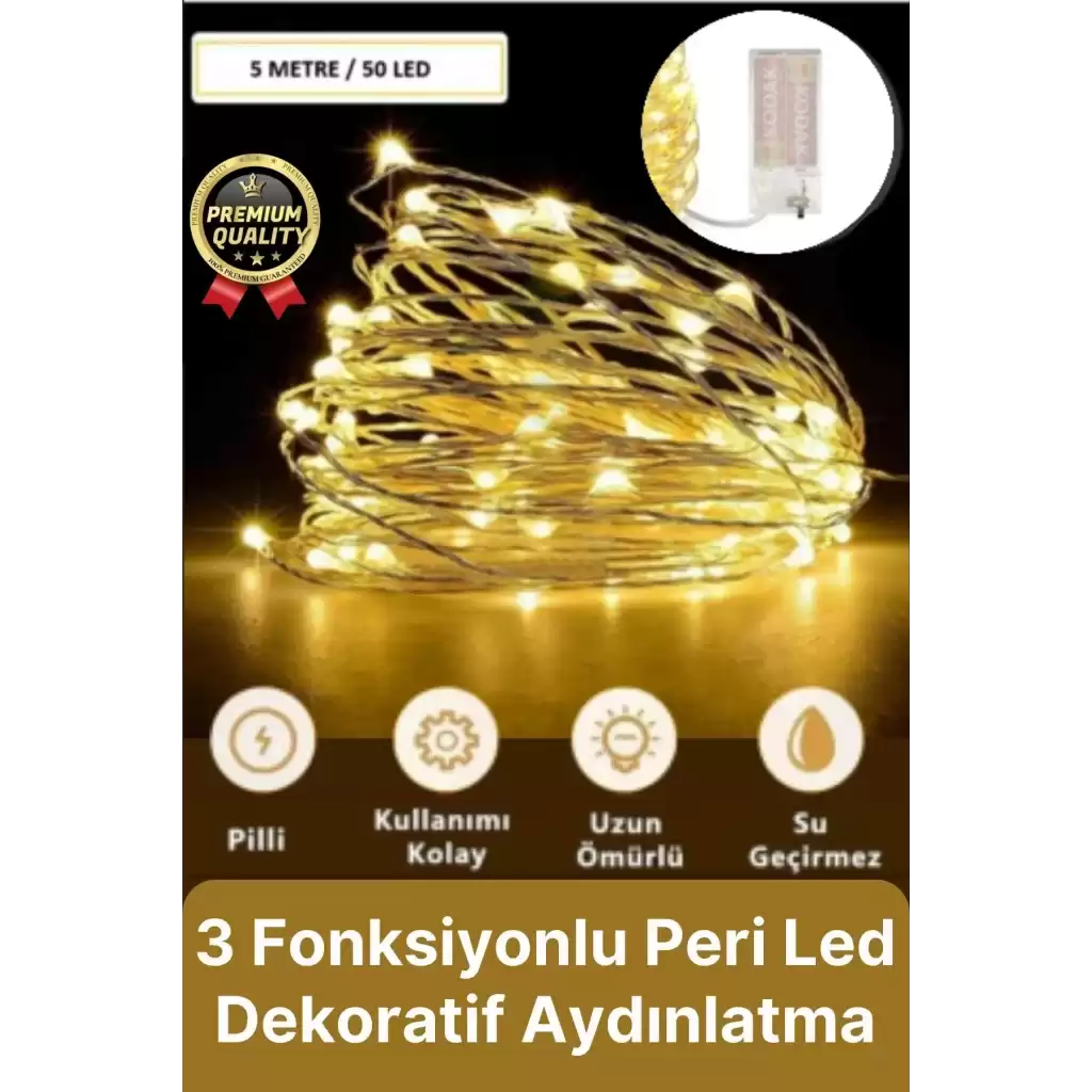 Dekoratif Aydınlatma Yeni Yıl Yılbaşı Pilli 3 Fonksiyonlu Günışığı Sarı Renk Peri Led Işık 5 Metre