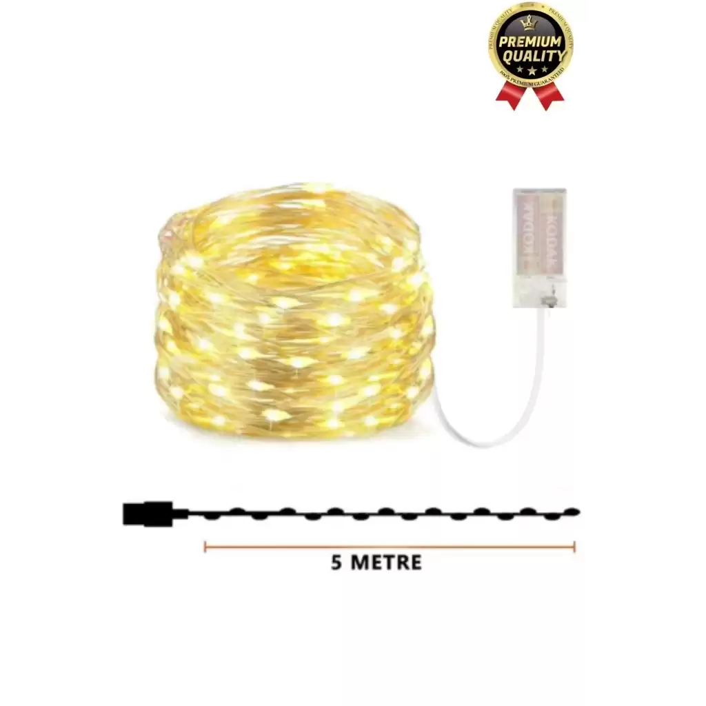 Dekoratif Aydınlatma Yeni Yıl Yılbaşı Pilli 3 Fonksiyonlu Günışığı Sarı Renk Peri Led Işık 5 Metre