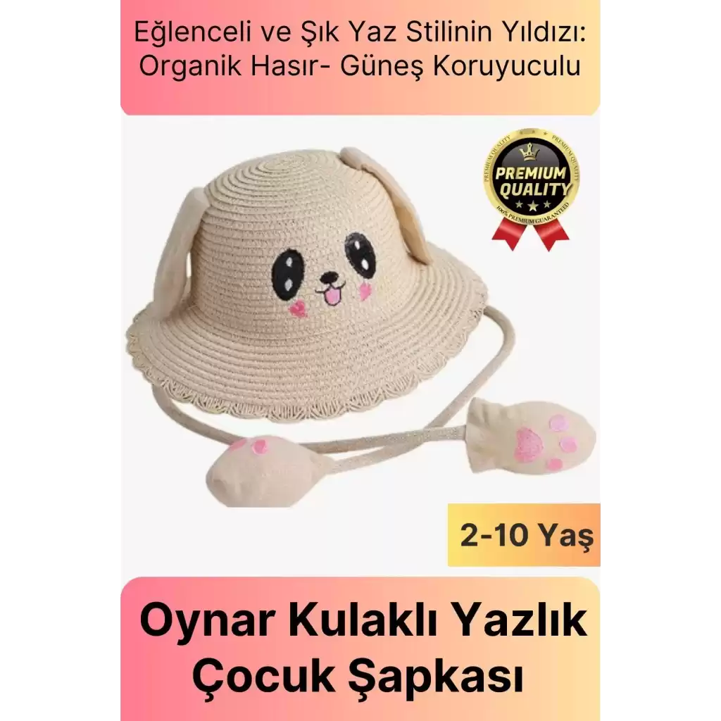 Özel Tasarım Organik Hasır Güneş Koruyuculu 2-10 Yaş Hareket Eden Oynar Kulaklı Yazlık Çocuk Şapka