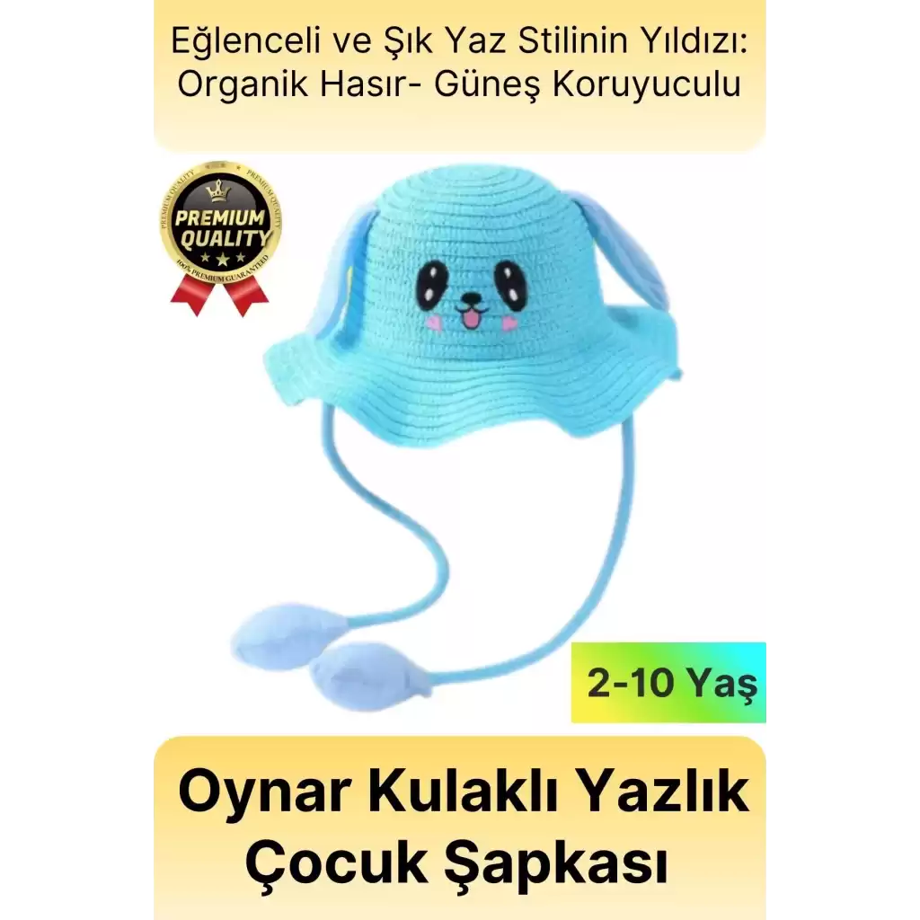 Özel Tasarım Organik Hasır Güneş Koruyuculu 2-10 Yaş Hareket Eden Oynar Kulaklı Yazlık Çocuk Şapka