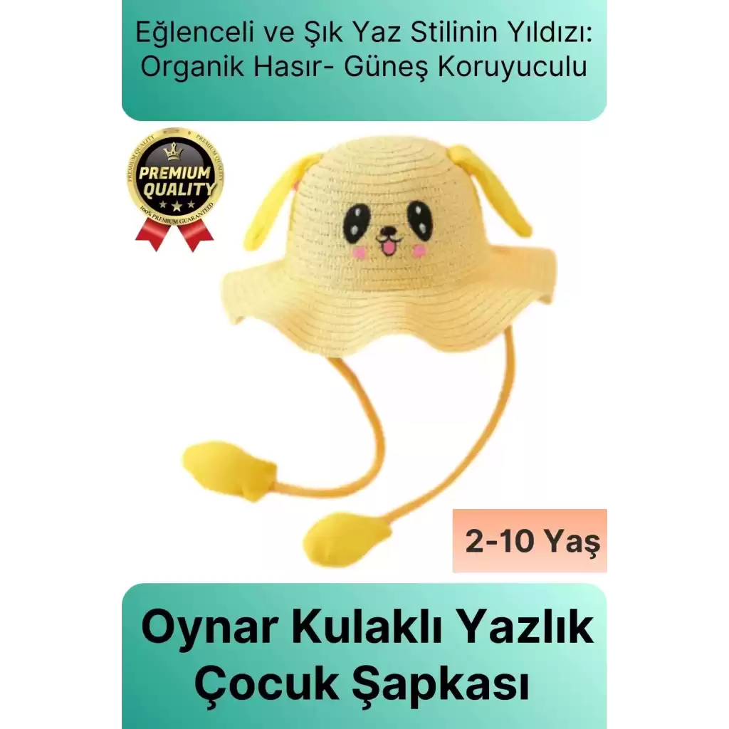 Özel Tasarım Organik Hasır Güneş Koruyuculu 2-10 Yaş Hareket Eden Oynar Kulaklı Yazlık Çocuk Şapka