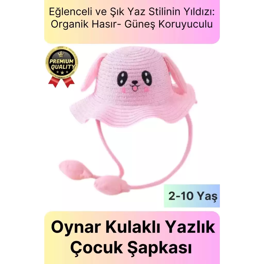 Özel Tasarım Organik Hasır Güneş Koruyuculu 2-10 Yaş Hareket Eden Oynar Kulaklı Yazlık Çocuk Şapka