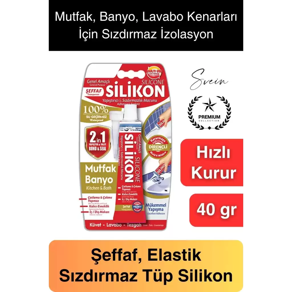 Premium 40 gr Üniversal Sızdırmaz Şeffaf Tüp Silikon Mutfak Banyo Küvet Kenarı Elastik İzolasyon
