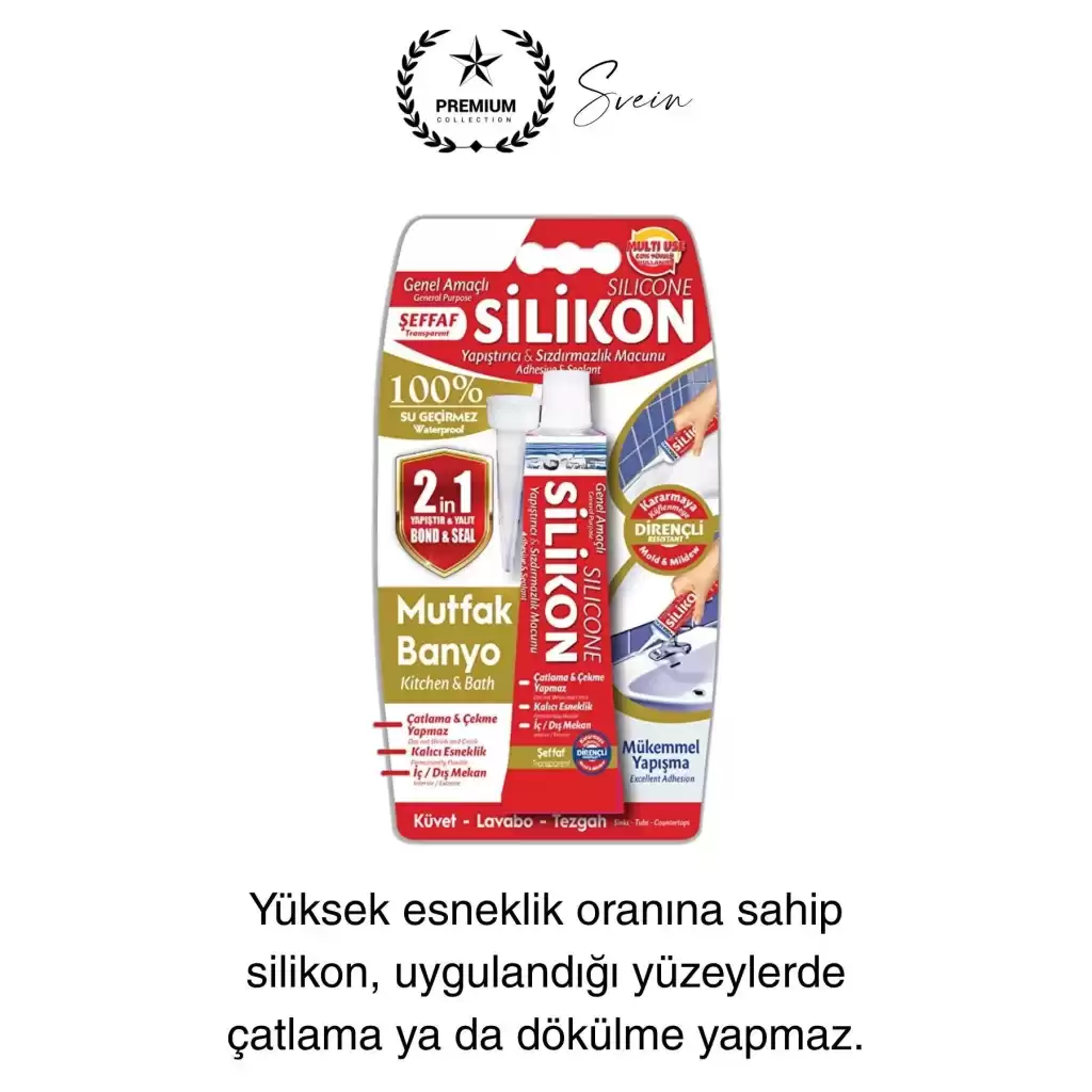 Premium 40 gr Üniversal Sızdırmaz Şeffaf Tüp Silikon Mutfak Banyo Küvet Kenarı Elastik İzolasyon