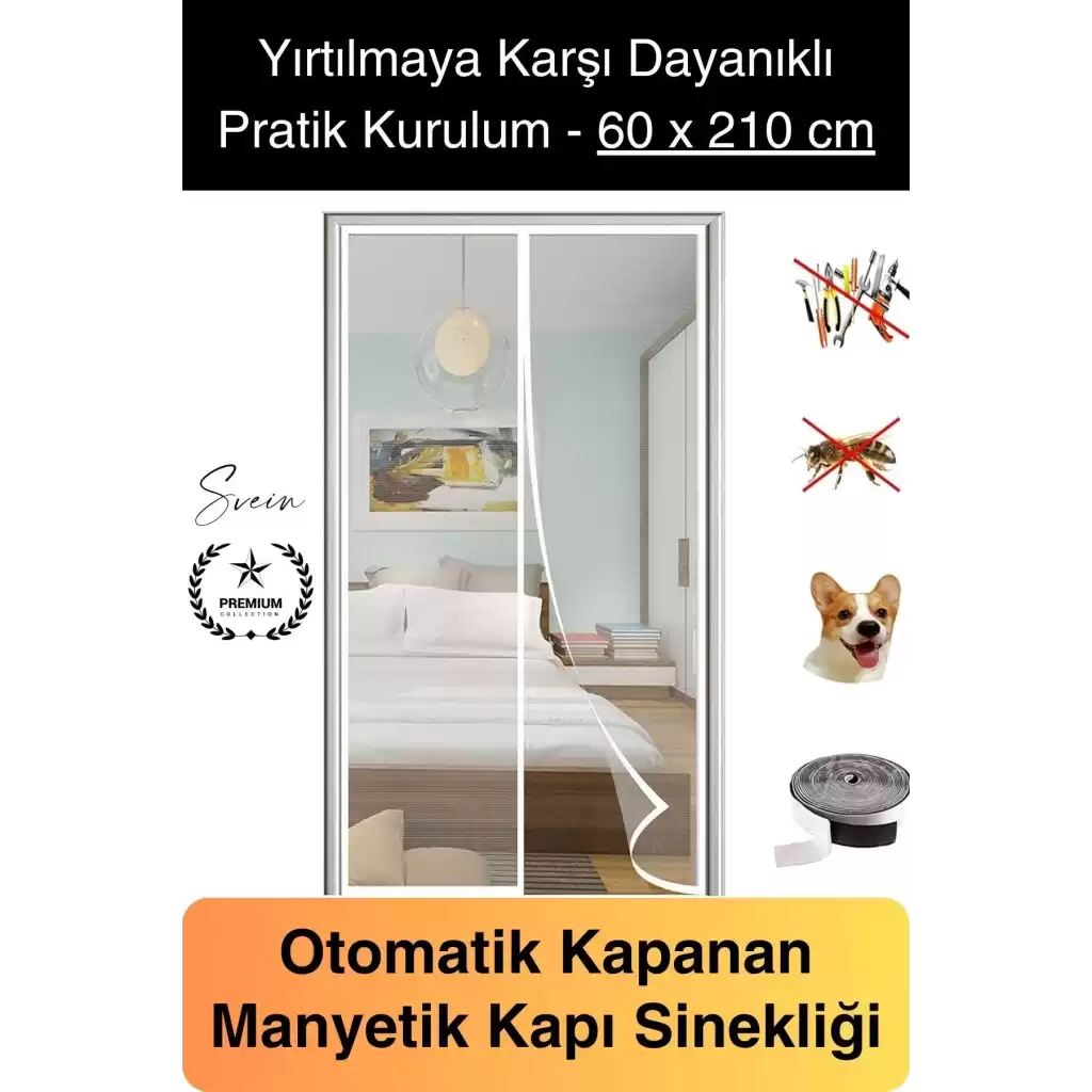 Dayanıklı Mıknatıslı Kapı Sinekliği 60x210 cm Tül Haşere Böcek Sivrisinek Geçirmez Manyetik Beyaz