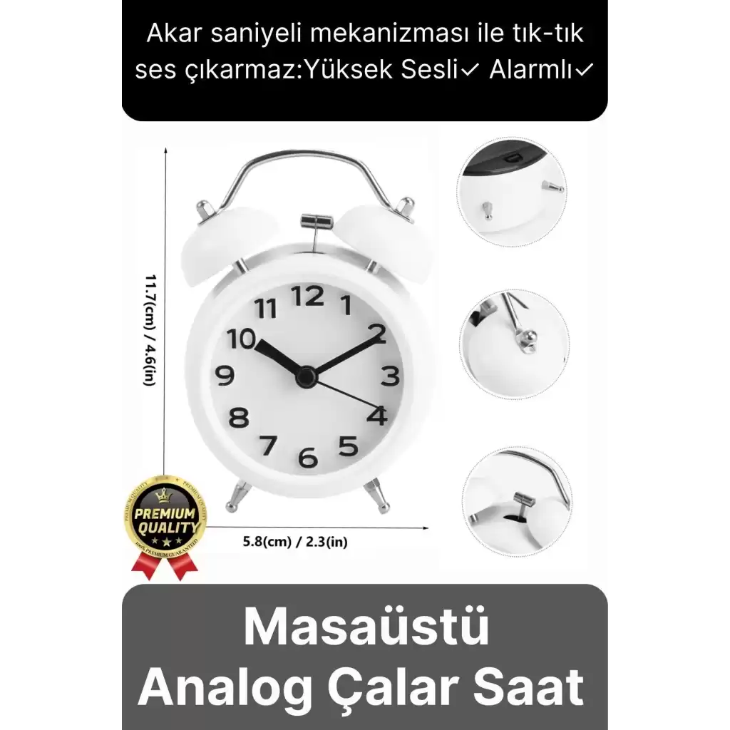 Premium Kalite Dekoratif Pilli Yüksek Sesli Alarmlı Çift Çan Formlu Masaüstü Mini Analog Çalar Saat