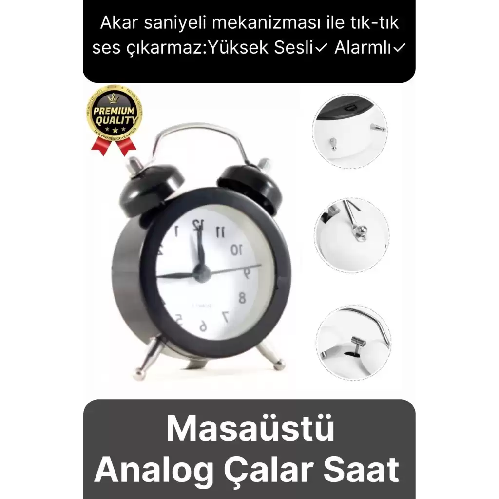 Premium Kalite Dekoratif Pilli Yüksek Sesli Alarmlı Çift Çan Formlu Masaüstü Mini Analog Çalar Saat