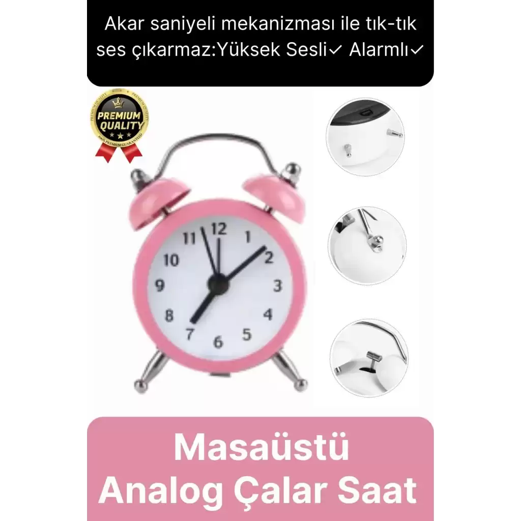 Premium Kalite Dekoratif Pilli Yüksek Sesli Alarmlı Çift Çan Formlu Masaüstü Mini Analog Çalar Saat
