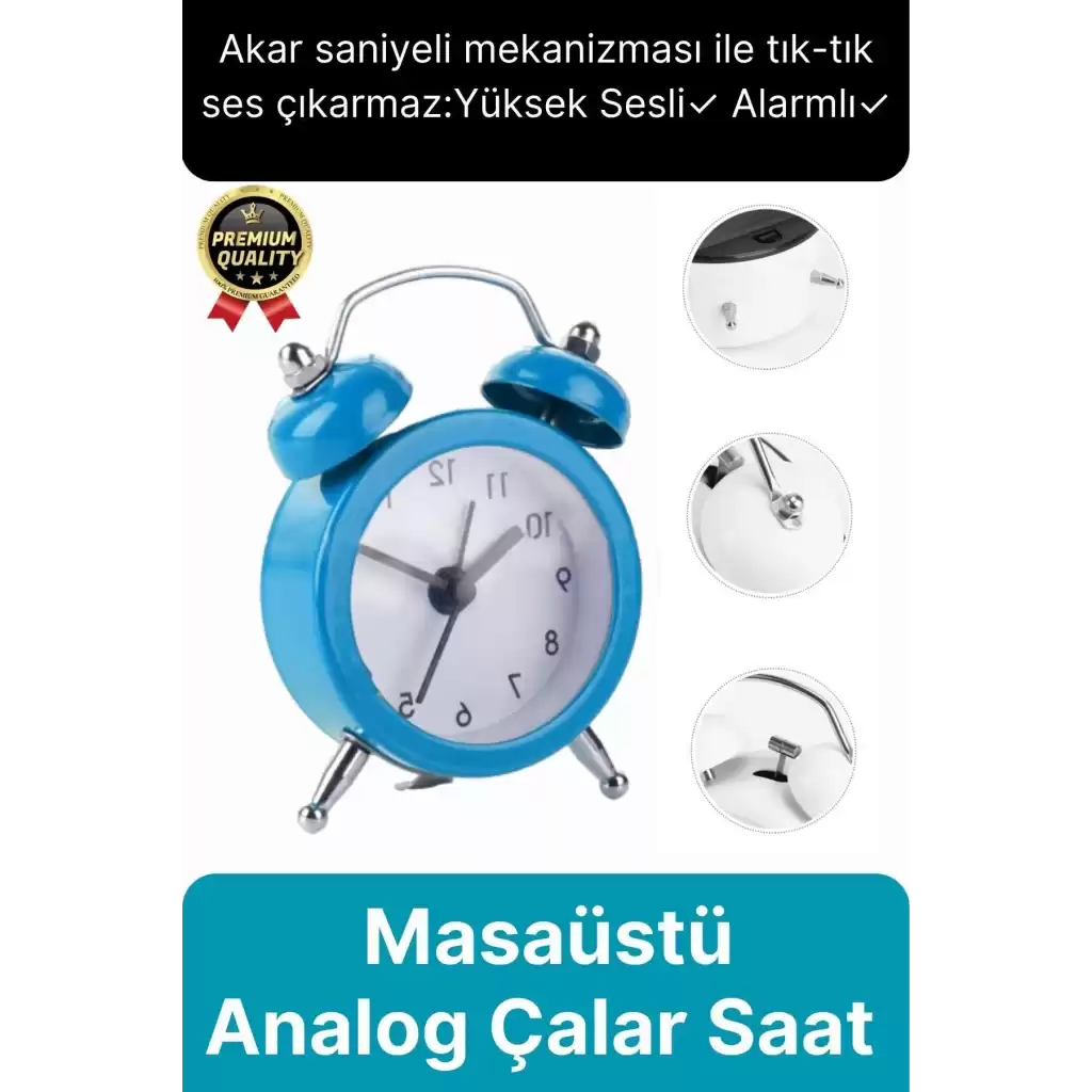 Premium Kalite Dekoratif Pilli Yüksek Sesli Alarmlı Çift Çan Formlu Masaüstü Mini Analog Çalar Saat
