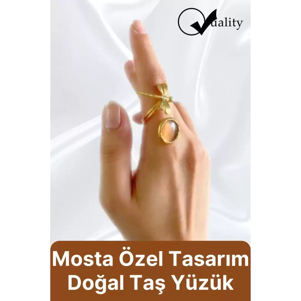 Özel Üretim Altın Pirinç Kaplama Vintage Görünümlü Şık Tasarımlı Ayarlanabilir Doğal Taş Kadın Yüzük