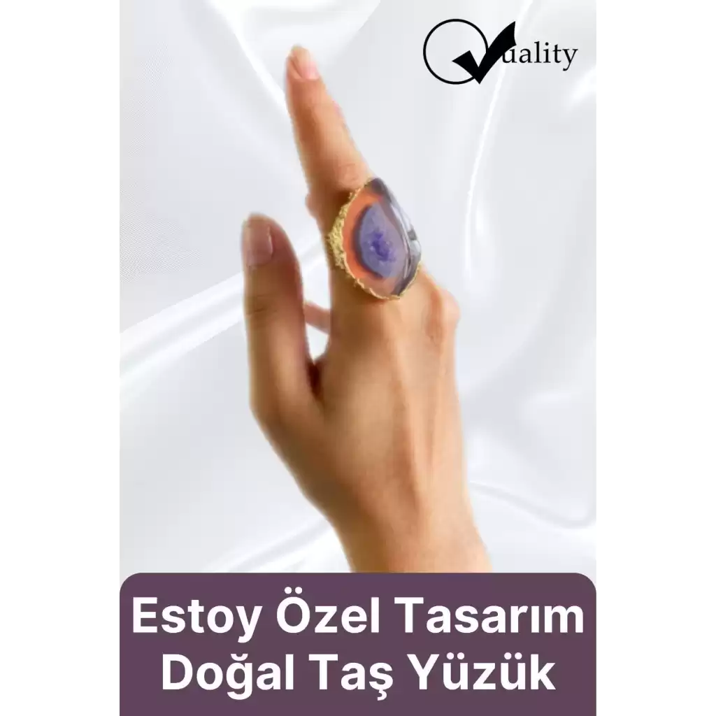 Özel Üretim Altın Pirinç Kaplama Vintage Görünümlü Şık Tasarımlı Ayarlanabilir Doğal Taş Kadın Yüzük