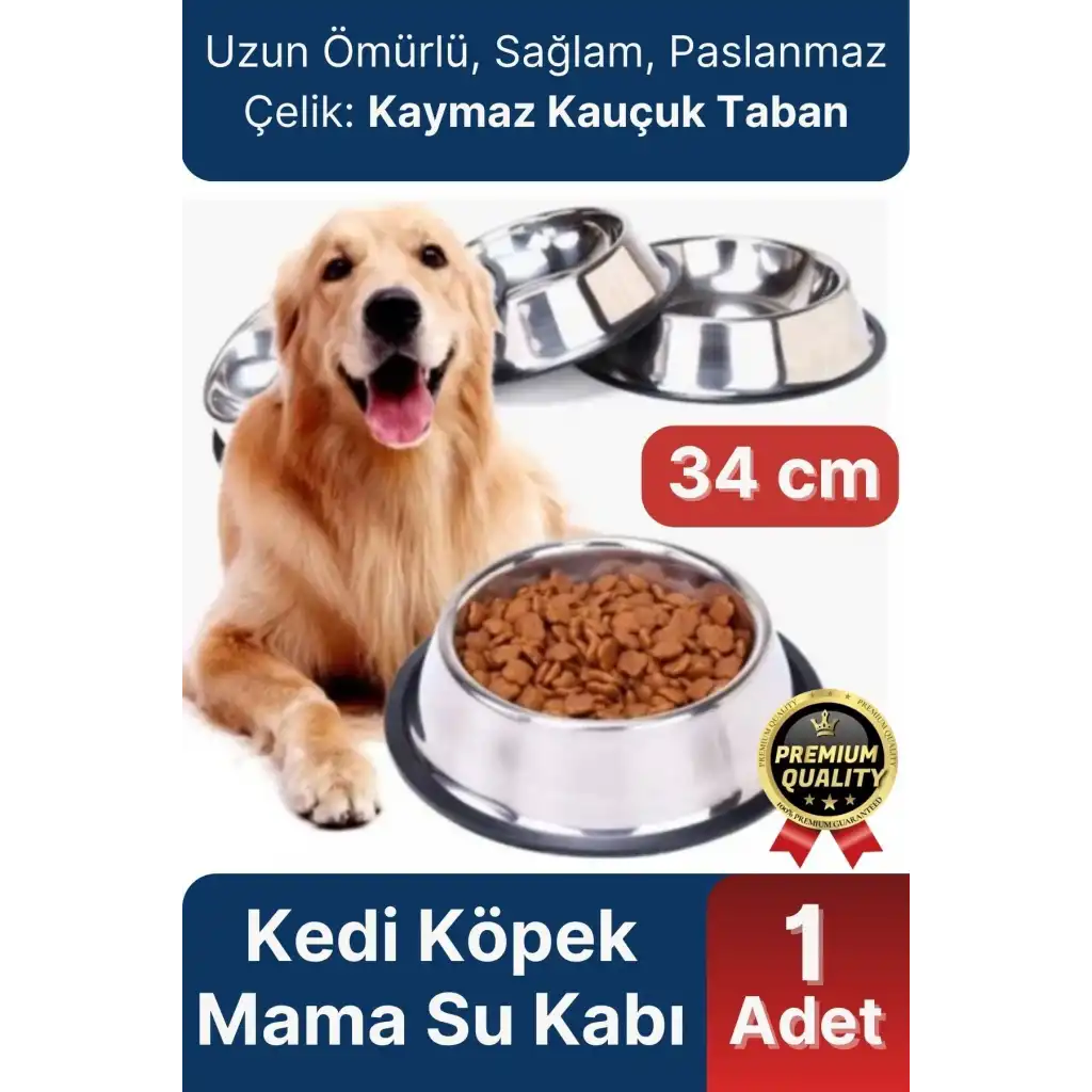 Premium Uzun Ömürlü Sağlam Kaymaz Kauçuk Taban Paslanmaz Çelik Metal Kedi Köpek Mama Su Kabı 34 cm